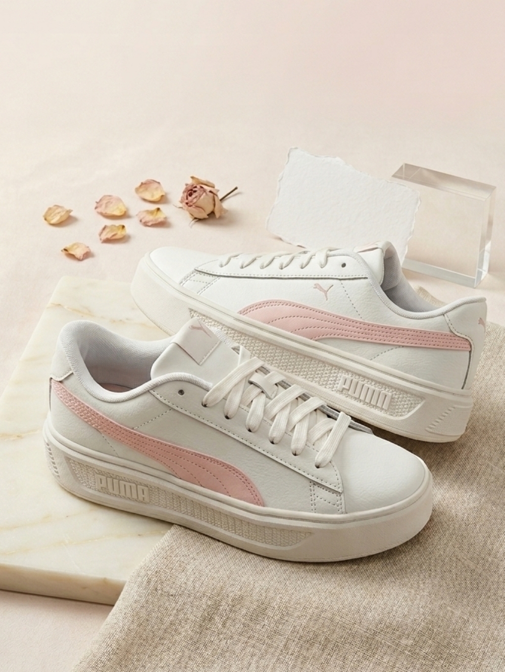 RARE Puma Smash Platform V3 L Sneakers- White/Bridal Rose - Womens Size 8